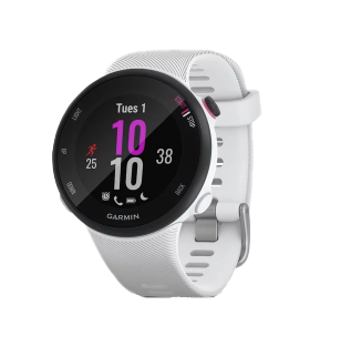 Garmin Forerunner 45S smartwatch, white band with round color display.