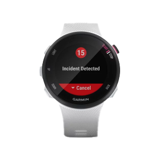 Garmin Forerunner 45S smartwatch in white with incident detected alert on screen