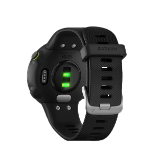 Garmin Forerunner 45 smartwatch, black, back view showing green heart-rate sensor lights