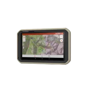 Garmin Overlander rugged GPS navigation device with olive frame and map display