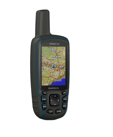 Garmin GPSMAP 64x handheld GPS navigation device with blue/black rugged body and color map display.