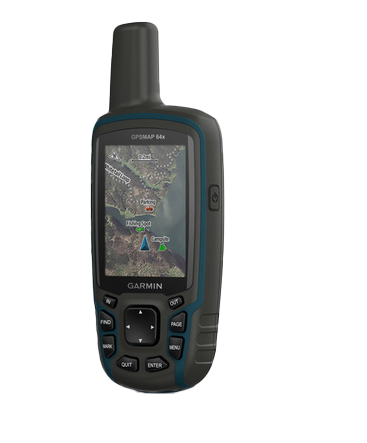 Garmin GPSMAP 64x handheld GPS (010-02258-00) with blue trim and map display