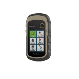 Garmin eTrex 32x handheld GPS, rugged black/olive casing with color map display