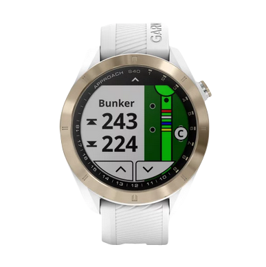 Garmin Approach S40 golf GPS smartwatch and rangefinder, gold bezel with white band