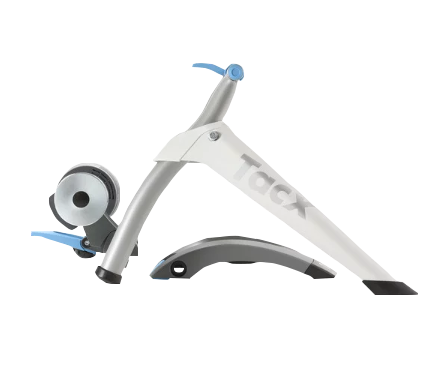 Tacx Flow Smart bicycle trainer, white frame with blue accents and front roller
