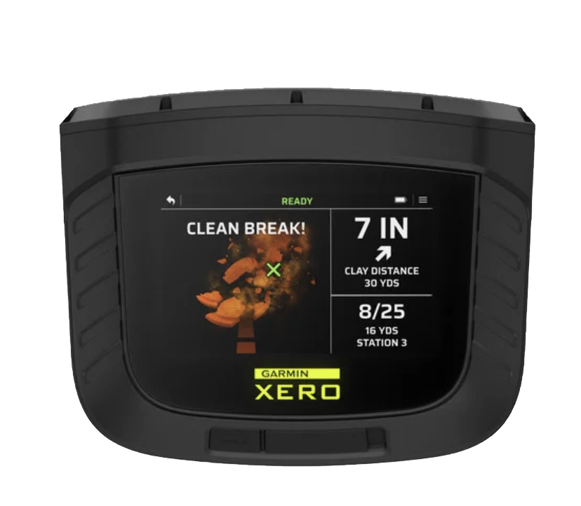 Garmin Xero S1 trapshooting trainer handheld unit, black with bright display showing aiming data.