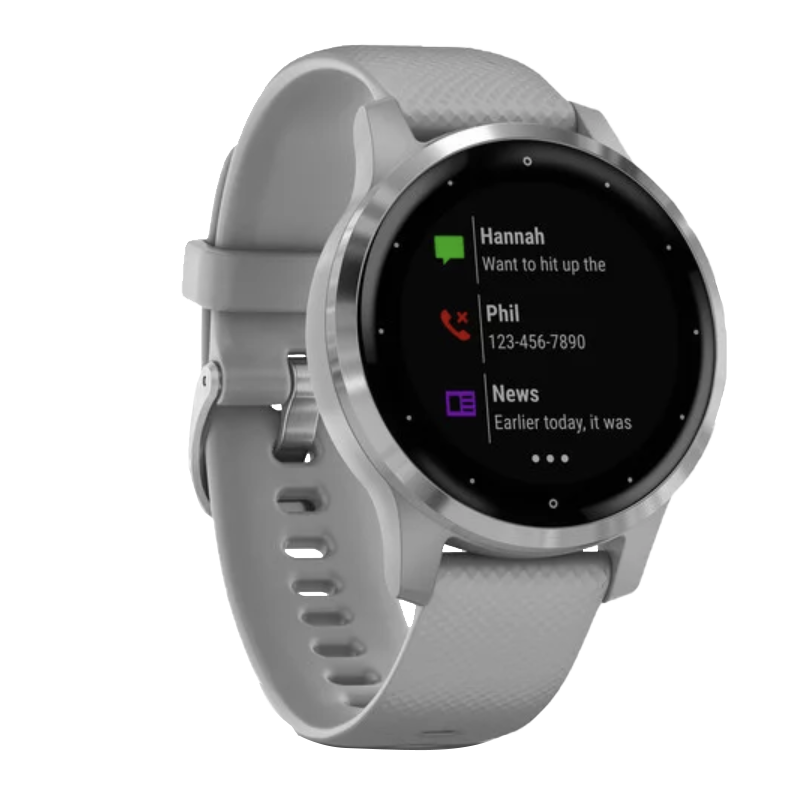 Garmin Vivoactive 4S smartwatch with silver case and gray band