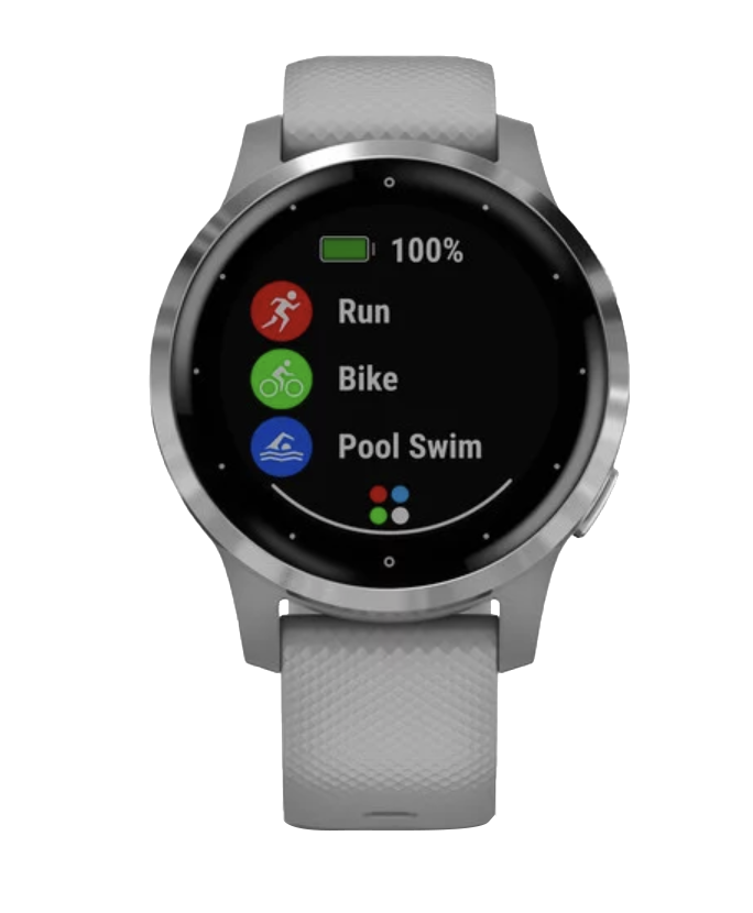 Garmin Vivoactive 4S smartwatch, silver case with gray band.