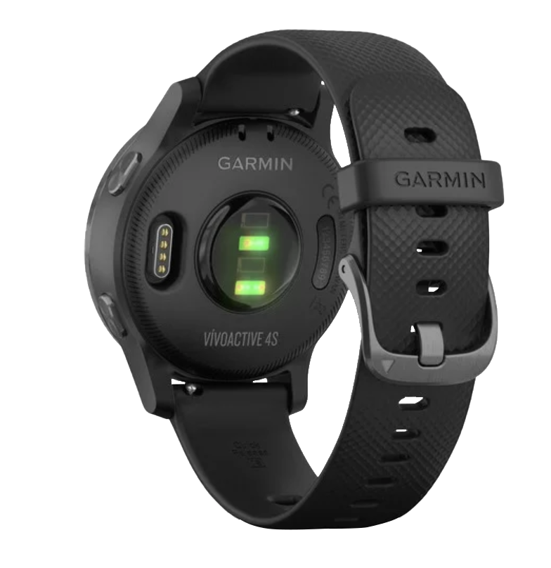 Garmin Vivoactive 4S slate smartwatch with black band, back view.