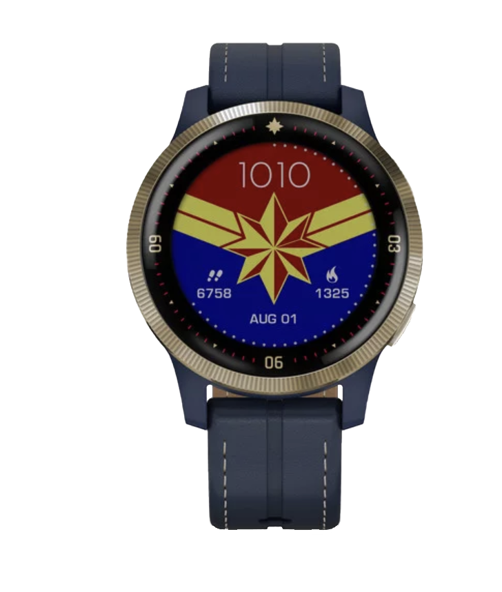 Garmin Captain Marvel Legacy Hero Series smartwatch with blue strap and gold bezel