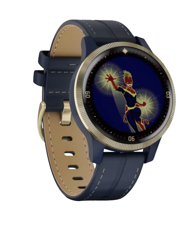 Garmin Captain Marvel Legacy Hero Series smartwatch with blue strap and gold bezel.