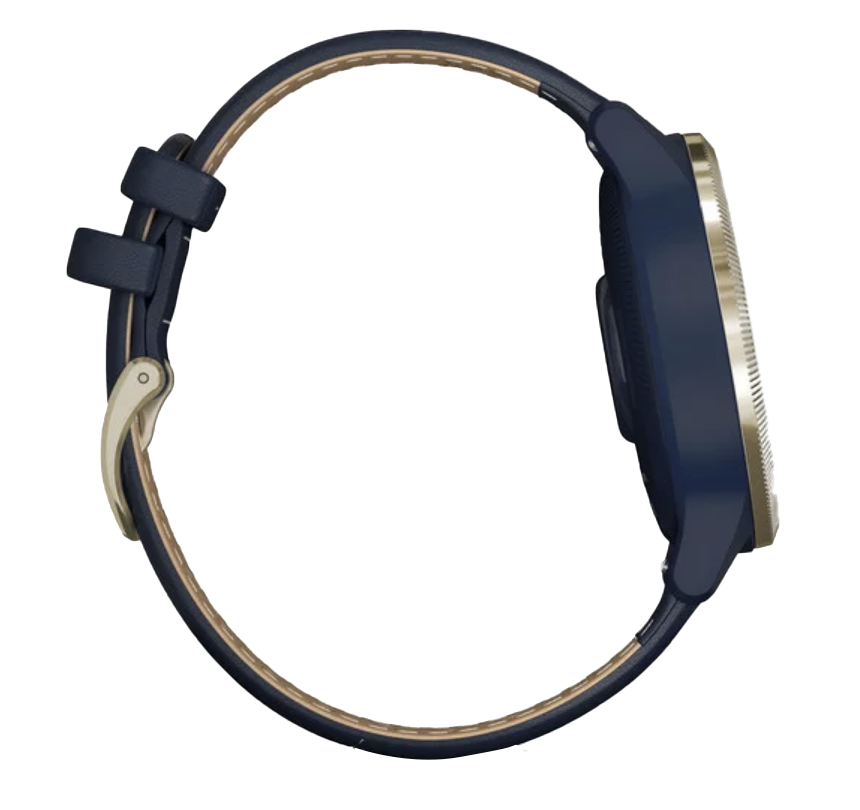 Garmin Vivoactive Captain Marvel Legacy smartwatch with navy blue strap and gold bezel