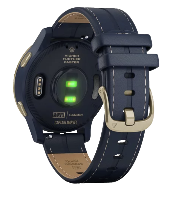 Garmin Captain Marvel Legacy Hero Series smartwatch with navy blue strap and gold-tone buckle