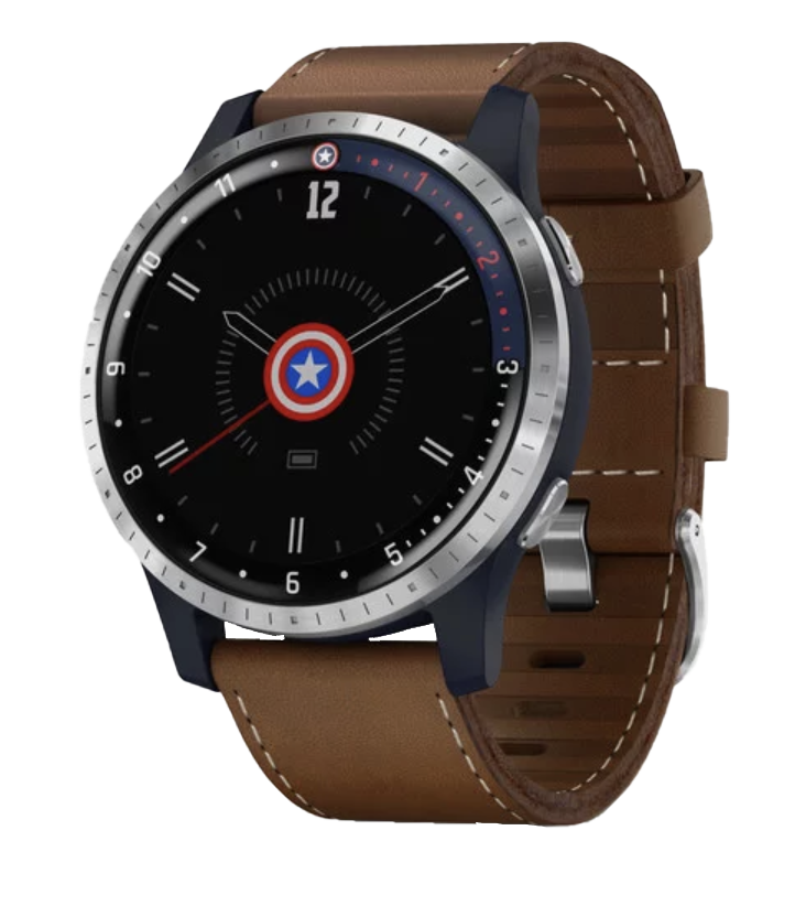 Garmin Vivoactive First Avenger Legacy smartwatch with brown leather strap and Captain America shield dial