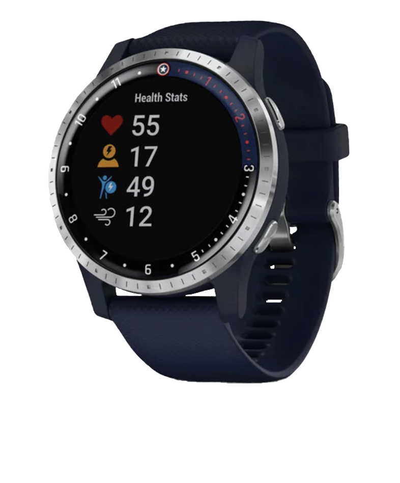 Garmin Vivoactive First Avenger Legacy Hero Series smartwatch with navy strap and silver bezel