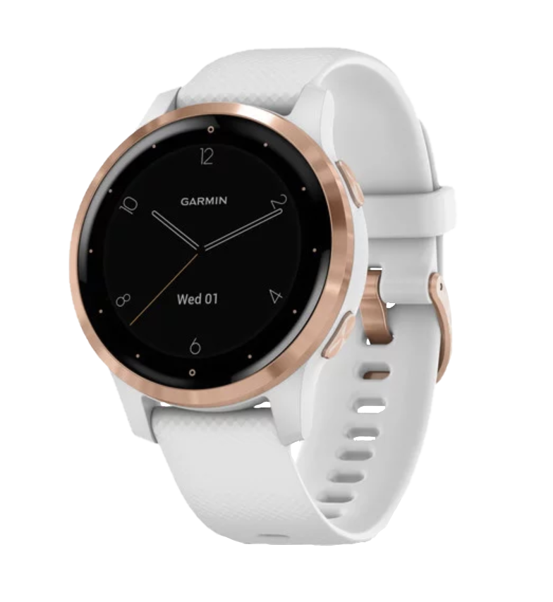 Garmin Vivoactive 4S smartwatch with rose gold bezel and white band