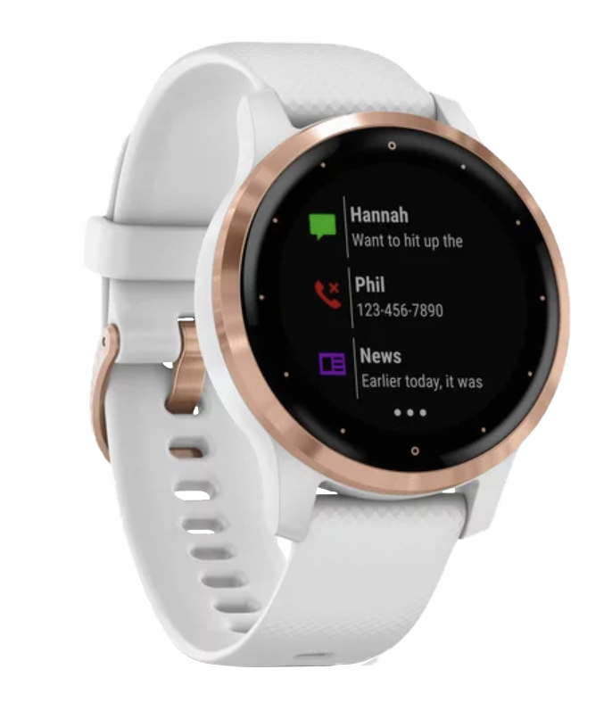 Garmin Vivoactive 4S smartwatch with rose gold bezel and white band