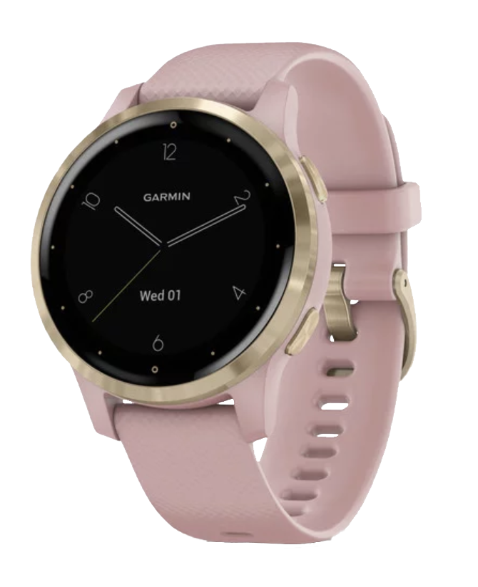 Garmin Vivoactive 4S smartwatch with light gold bezel and dust rose band (010-02172-31)