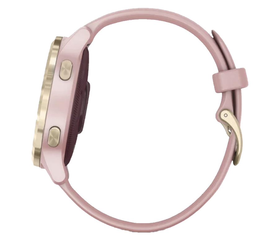 Garmin Vivoactive 4S smartwatch with light gold case and dust rose band 010-02172-31, angled side view