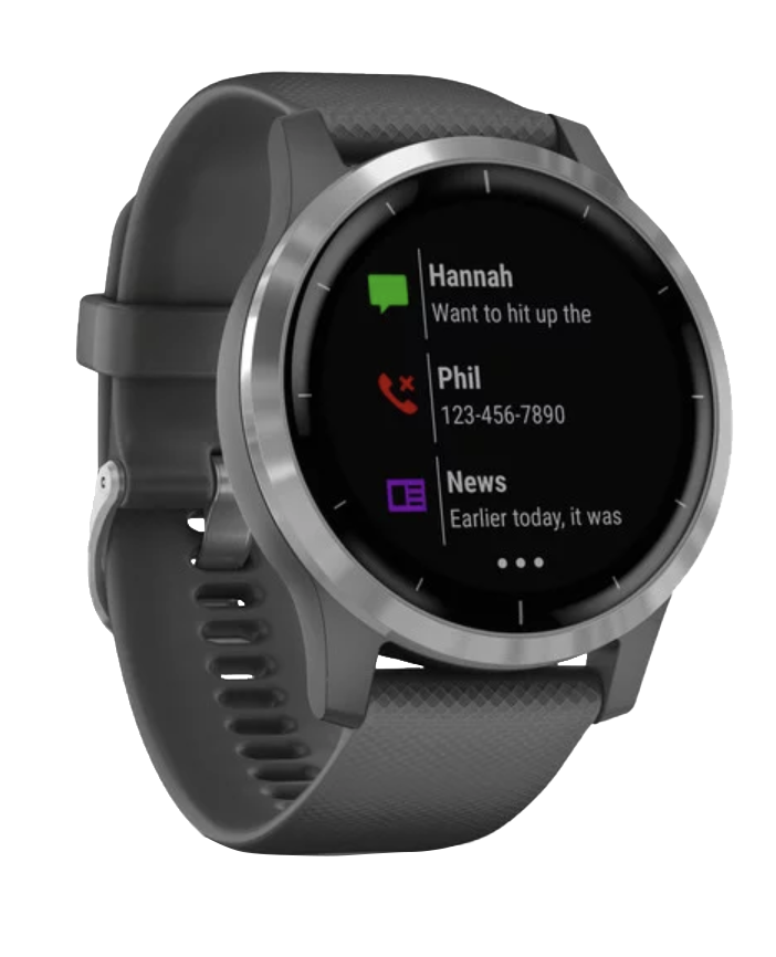 Garmin Vivoactive 4 smartwatch with silver bezel and shadow gray band (010-02174-01)