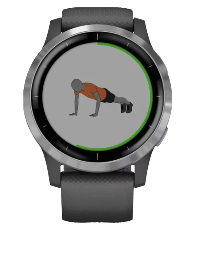 Garmin Vivoactive 4 smart watch with silver case and Shadow Gray band.