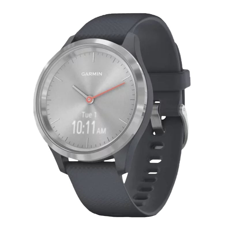 Garmin Vívomove 3S smartwatch with silver case and granite blue band