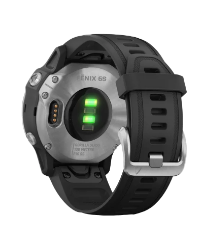 Garmin Fenix 6S smartwatch back view with black band and silver case (010-02159-01)