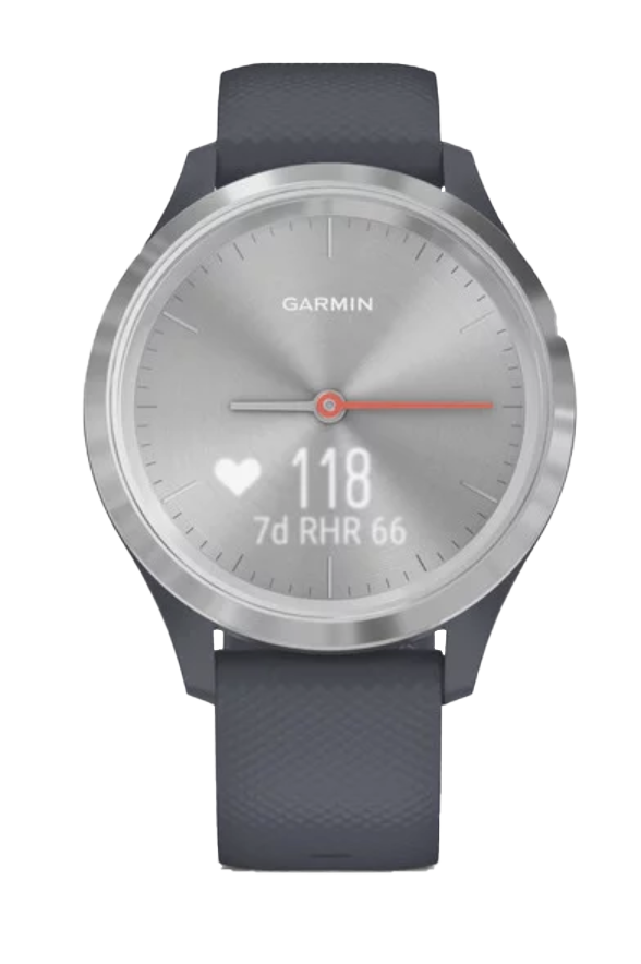 Garmin Vívomove 3S smartwatch with silver case and granite-blue band.