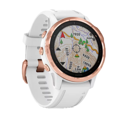 Garmin Fenix 6S Pro smart watch with rose gold-tone bezel and white band.