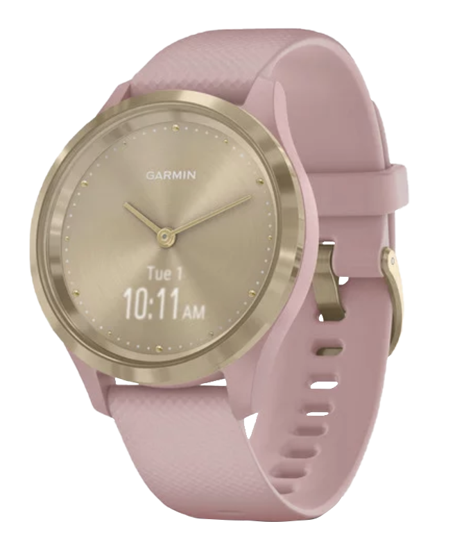 Garmin Vivomove 3S smart watch with light gold case and dust rose band.