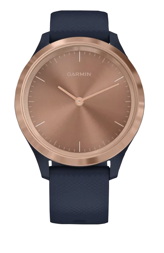 Garmin Vivomove 3S rose-gold stainless steel bezel, navy silicone band smartwatch