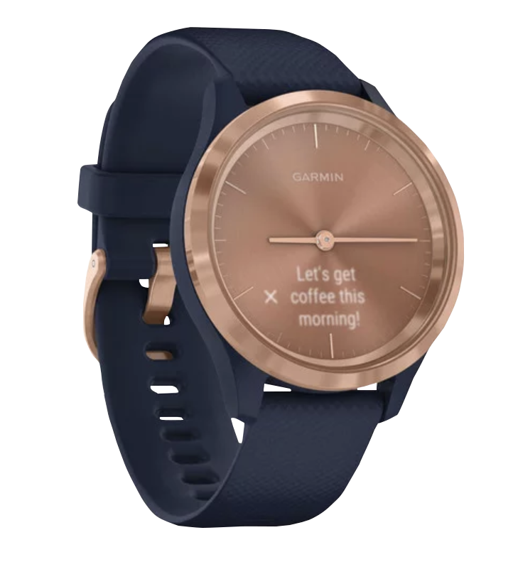 Garmin Vivomove 3S rose-gold stainless-steel bezel with navy silicone band smartwatch