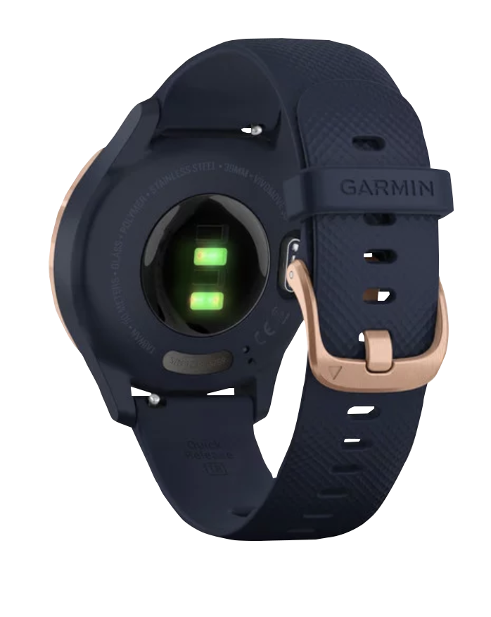 Garmin Vívomove 3S smartwatch with rose gold stainless steel bezel and navy silicone band