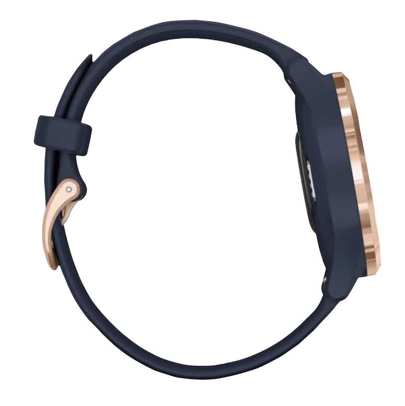 Garmin Vivomove 3S watch with rose-gold stainless steel bezel and navy silicone band (010-02238-03)