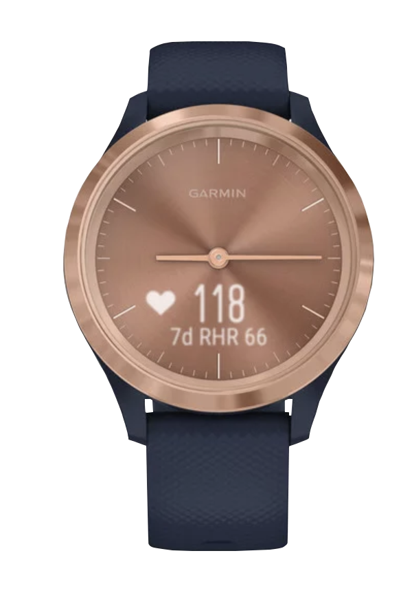 Garmin Vivomove 3S rose gold stainless steel bezel with navy silicone band smartwatch
