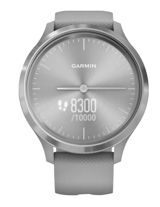 Garmin Vivomove 3 smart watch with silver stainless-steel bezel and powder gray silicone band
