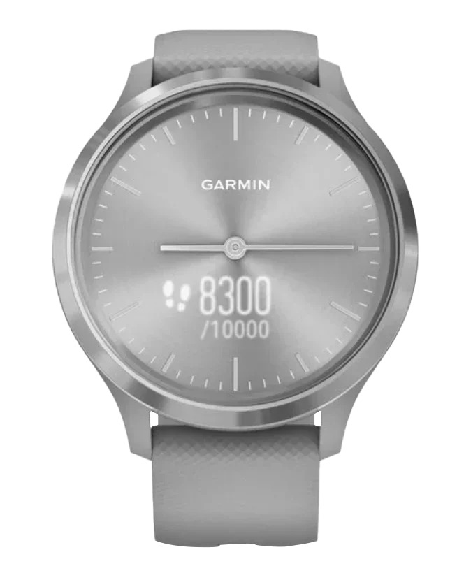 Garmin Vivomove 3 smart watch with silver stainless-steel bezel and powder gray silicone band