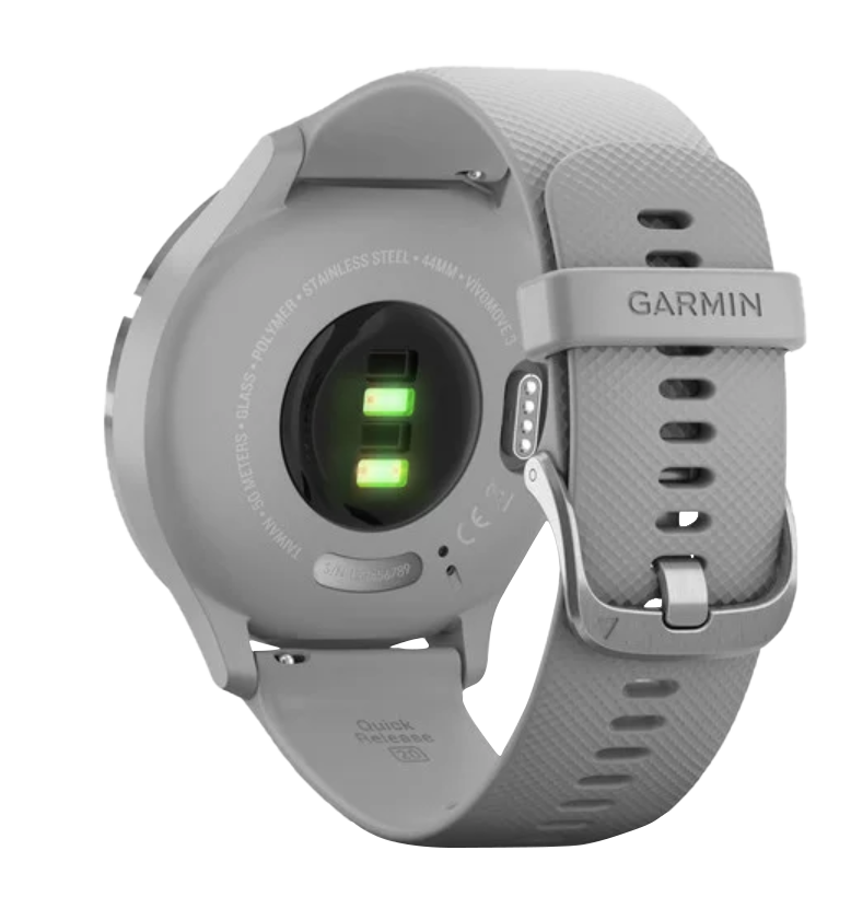 Garmin Vivomove 3 smart watch with silver stainless steel bezel and powder gray silicone band