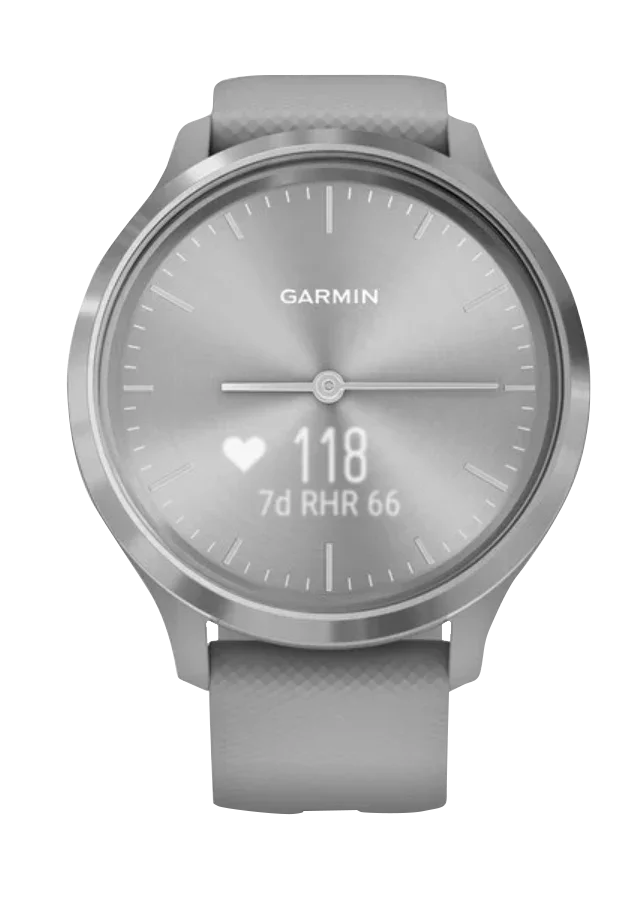 Garmin Vívomove 3 smartwatch with silver stainless steel bezel and powder gray silicone band