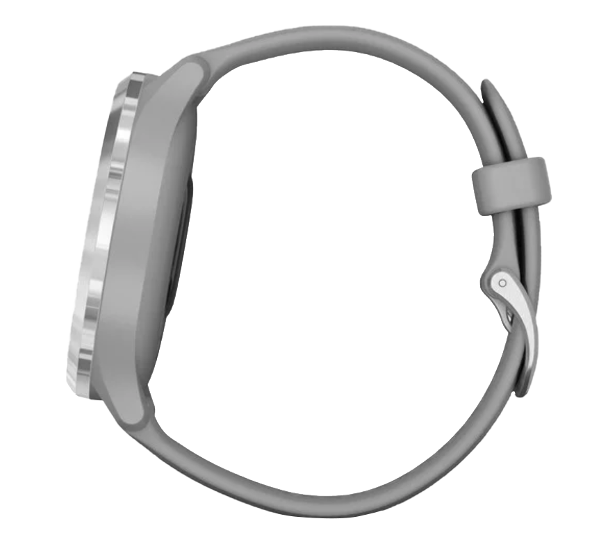 Garmin Vivomove 3 smartwatch with a silver stainless steel bezel and powder gray silicone band