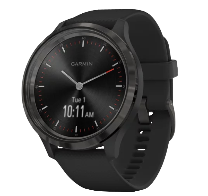 Garmin Vivomove 3 smartwatch with slate stainless steel bezel and black silicone band