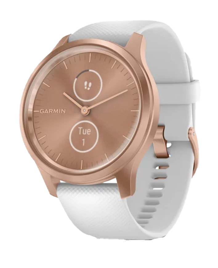 Garmin Vívomove Style rose gold smartwatch with white silicone band, certified refurbished