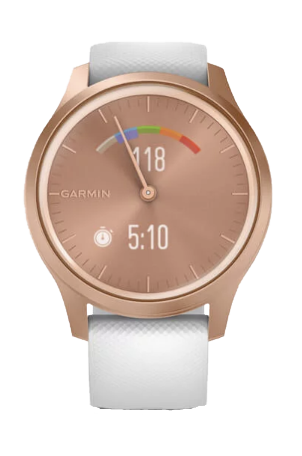Garmin Vívomove Style rose gold smartwatch with white silicone band, certified refurbished.