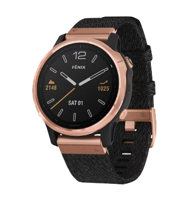 Garmin Fenix 6S Sapphire Rose Goldtone smartwatch with heathered black nylon band (010-02159-36)