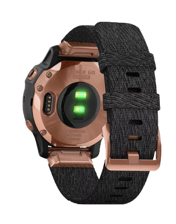 Garmin Fenix 6S Sapphire smartwatch with rose goldtone case and heathered black nylon band