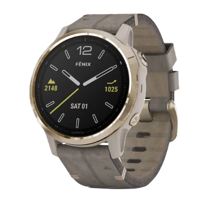 Garmin Fenix 6S Sapphire smart watch with light goldtone bezel and shale gray leather band