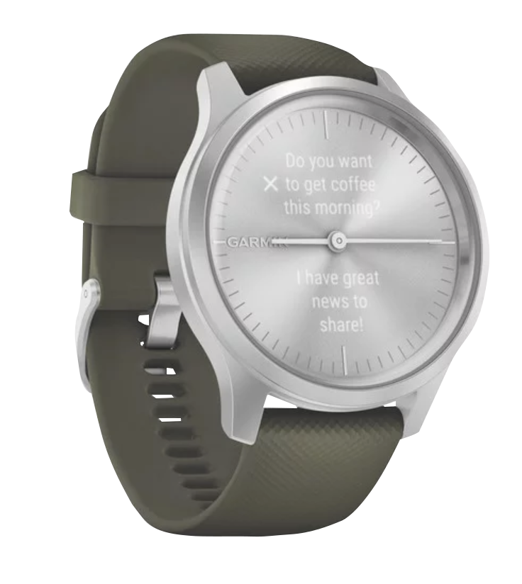 Garmin Vivomove Style smartwatch with silver aluminum case and moss silicone band
