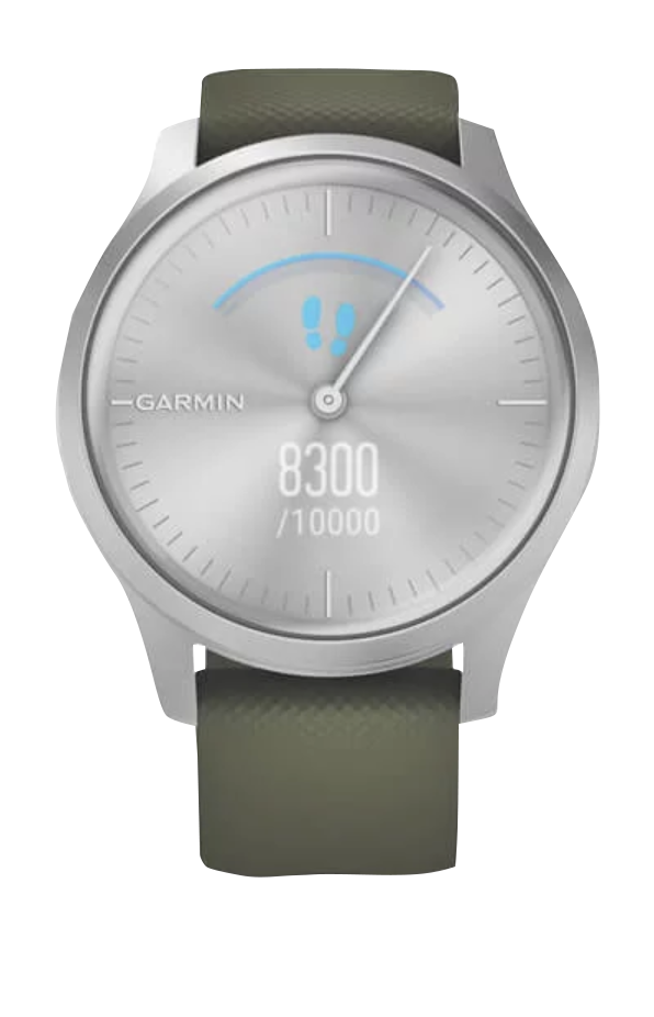 Garmin Vivomove Style smartwatch with silver aluminum case and moss silicone band