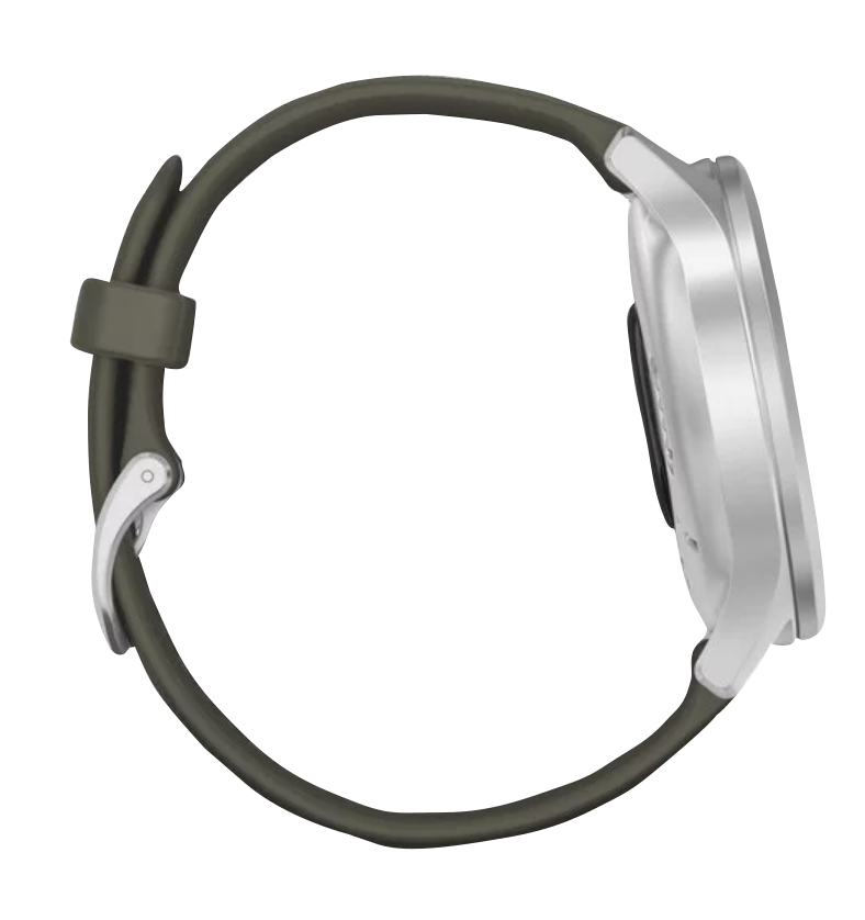 Garmin Vivomove Style smartwatch with silver aluminum case and moss silicone band