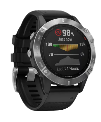 Garmin Fenix 6 smartwatch with silver bezel and black band, model 010-02158-00